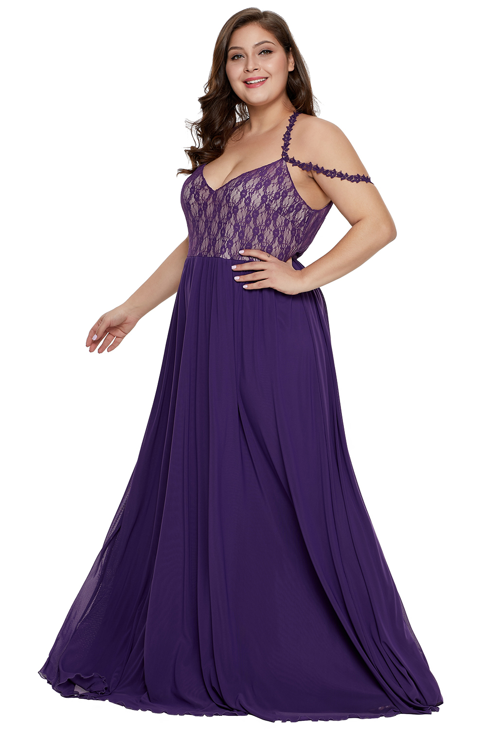 BY611063-8 Purple Lace Bodice Hollow-out Plus Size Maxi Dress